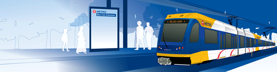 Illustration of a Blue Line train at a platform with people arriving and leaving.