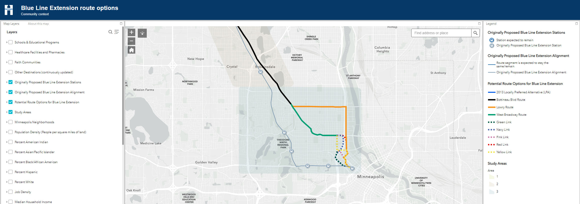Interactive map of Blue Line Extension route options.