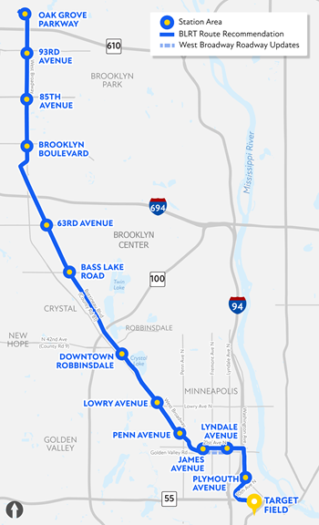 Full route map from Oak Grove Parkway in Brooklyn Park at the north, south and then southeast at Brooklyn Center, to Lyndale Avenue, south to Target Field.