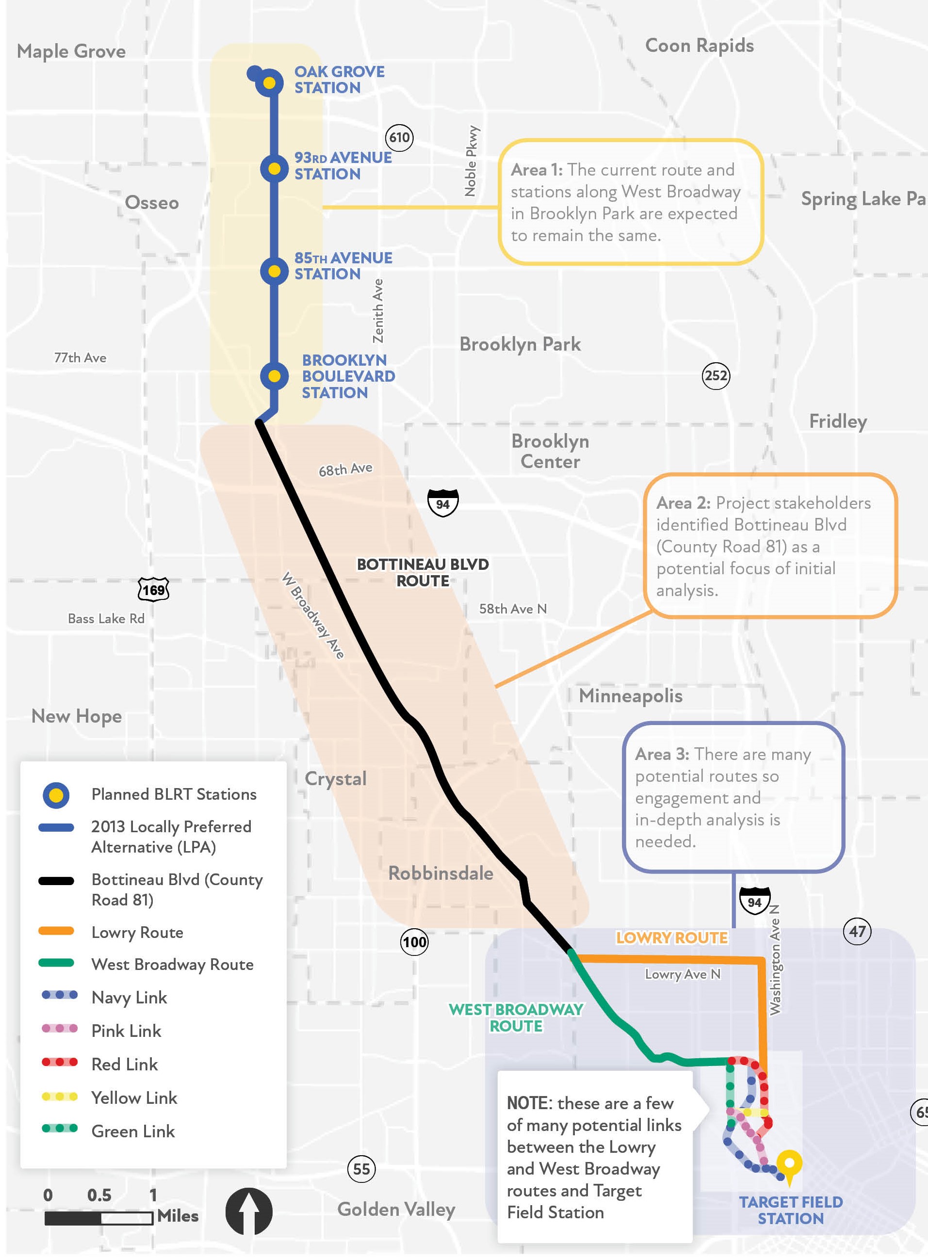 Illustration of route options between Brooklyn Park and Minneapolis. The four northern stations are likely to remain the same as the previous route. It connects to Bottineau Boulevard, and then shows two main options at the southern end, with five additional options to reach Target Field.