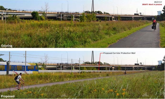 Before and after views of corridor protection barrier near Bryn Mawr Station