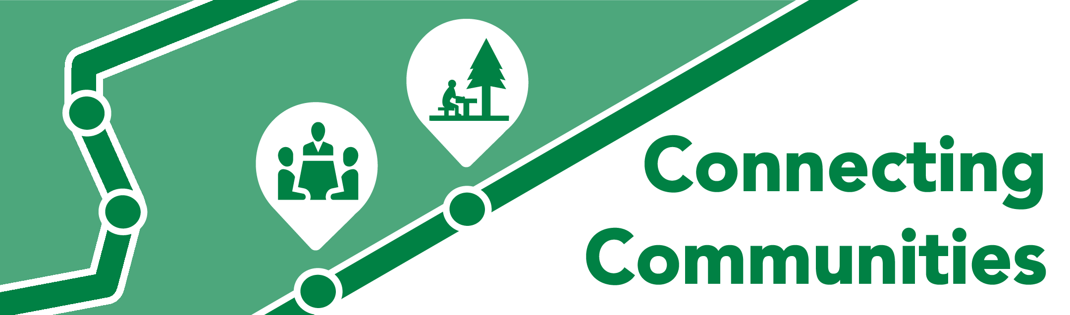 Green rail lines with icons of people in a meeting and person sitting by a tree. Text says: "Connecting Communities"