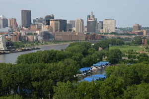 Downtown Saint Paul and a marina on the Mississippi River.