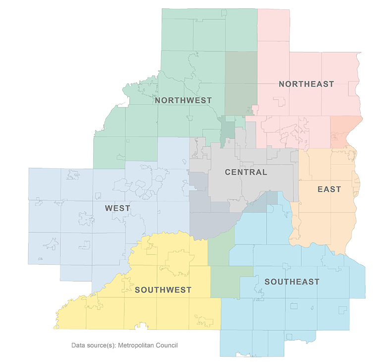 Map of the Twin Cities with 7 regions shown in different colors. Names and descriptions of the regions are in the Subregions section below.
