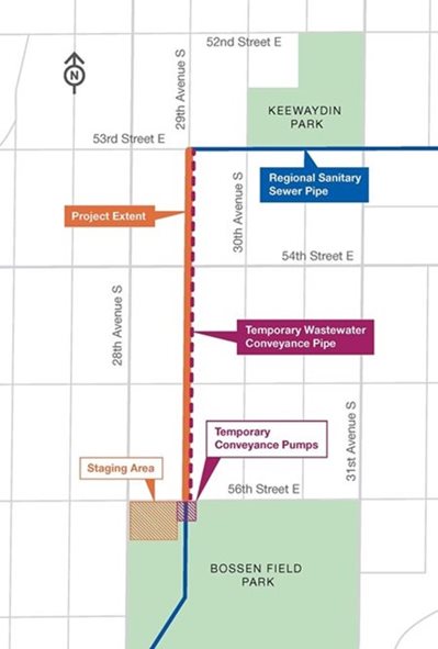 Project map showing work area and temporary conveyance pipe along 29th Avenue South between 53rd Street East and 56th Street East.  There is a staging area at the northwest corner of Bossen Field Park.  The regional sanitary sewer pipe runs along 53rd Street East east of the project area.