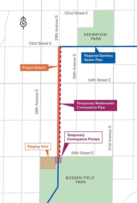 Project map showing work area and temporary conveyance pipe along 29th Avenue South between 53rd Street East and 56th Street East.  There is a staging area at the northwest corner of Bossen Field Park.  The regional sanitary sewer pipe runs along 53rd Street East east of the project area.