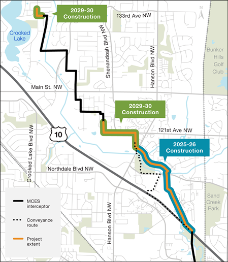 Map of Coon Rapids project showing 2025 through 2026 construction between Highway 10 and 121st Avenue Northwest.  2029 through 2030 construction is north of this, mainly along 121st Avenue Northwest.  There is also a small segment of construction in 2029 and 2030 just east of Crooked Lake, at about 133rd Avenue Northwest.