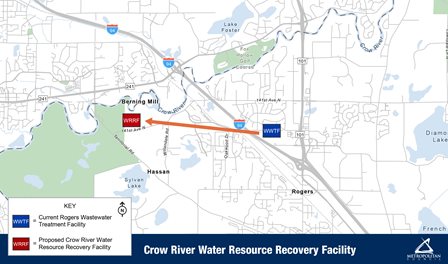 Map of existing Rogers Water Resource Recovery Facility at 21751 137th Avenue N and proposed Crow River Water Resource Recovery Facility 3 miles west.