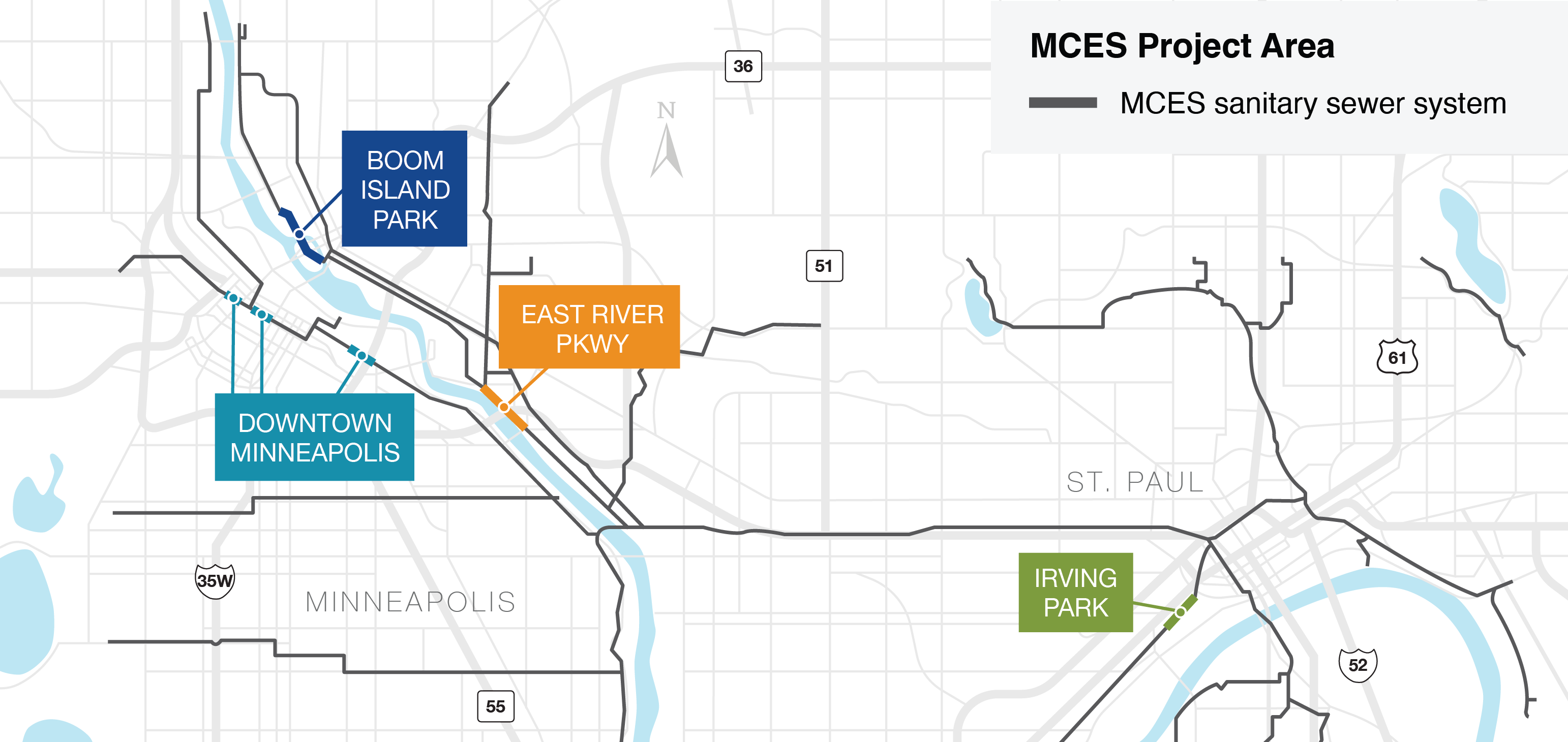 Overall project map with four areas highlighted: Downtown Minneapolis, Boom Island Park, and East River Parkway in Minneapolis, and Irving Park in Saint Paul.