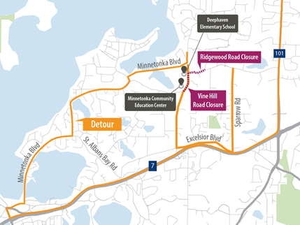 Map of Deephaven L48 project detours showing the closure of Ridgewood Road and Vine Hill Road, and the detours using Highway 101, Highway 7, Minnetonka Boulevard, Excelsior Boulevard, and Sparrow Road