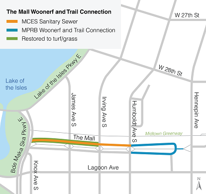 Map showing the sanitary sewer pipe along the west bound lanes of The Mall between Bde Maka Ska Parkway East and Humboldt Avenue South. The Minneapolis Park and Recreation Board's Woonerf Plaza is shown on The Mall between Humboldt Avenue South and Hennepin Avenue.