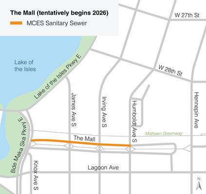 Map showing the sanitary sewer pipe along the west bound lanes of The Mall between Bde Maka Ska Parkway East and Humboldt Avenue South.