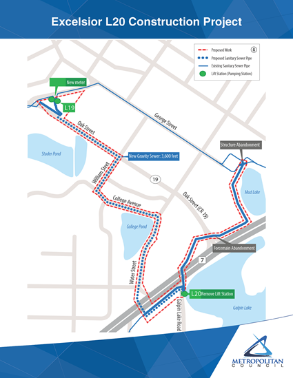 This map shows proposed sewer work within the City of Excelsior.  A new sewer pipe will be built between sewer pumping stations L19 (at Oak St and Beehrle Ave, where a new meter M417 will also be constructed) and L20 (at Galpin Lk Rd and Hwy 7). The map depicts that the L20 station and its forcemain pipe will be removed.  The existing sanitary sewer pipe includes segments along Oak St near the L19 station, and along County 7 running up to the west side of Mud Lake. The proposed work for the project runs along Oak St, William St, College Ave, Water St, Hwy 7, and just west of Mud Lake.