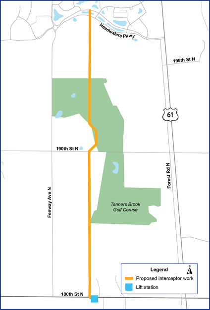Forest Lake sewer improvements site map. Proposed interceptor improvements are located between Fenway Avenue and Highway 61 from Headwaters Parkway and heading south through Tanners Brook Golf Course to 180th Street North