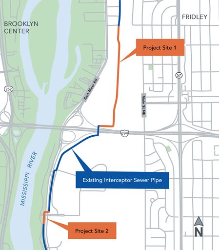 Fridley Interceptor Rehabilitation Project map. The existing interceptor line runs north-south perpendicular to Highway 694 and between Main Street Northeast and East River Road South. Project Site 1 is a segment of the existing interceptor line that spans from 694 to 61st Avenue Northeast. Project Site 2 is a smaller segment near the intersection of East River Road and 51st Way Northeast.