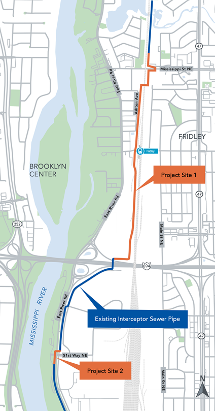 Fridley Interceptor Rehabilitation Project map. The existing interceptor line runs north-south perpendicular to Highway 694 and between Main St NE and East River Road South. Project Site 1 is a segment of the existing interceptor line that spans from 694 to Mississippi Street. Project Site 2 is a smaller segment near the intersection of East River Road and 51st Way NE.