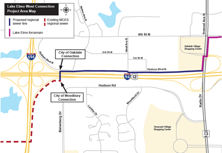 Lake Elmo West Connection Project site map. Project area runs along the north side of I-94 between I-694 and Inwood Avenue in Oakdale and crosses I-94 near Bielenberg Drive/Helmo Avenue in Woodbury. The west end of the project area will connect to an existing MCES regional sewer, and the east end will connect to an existing Lake Elmo forcemain.