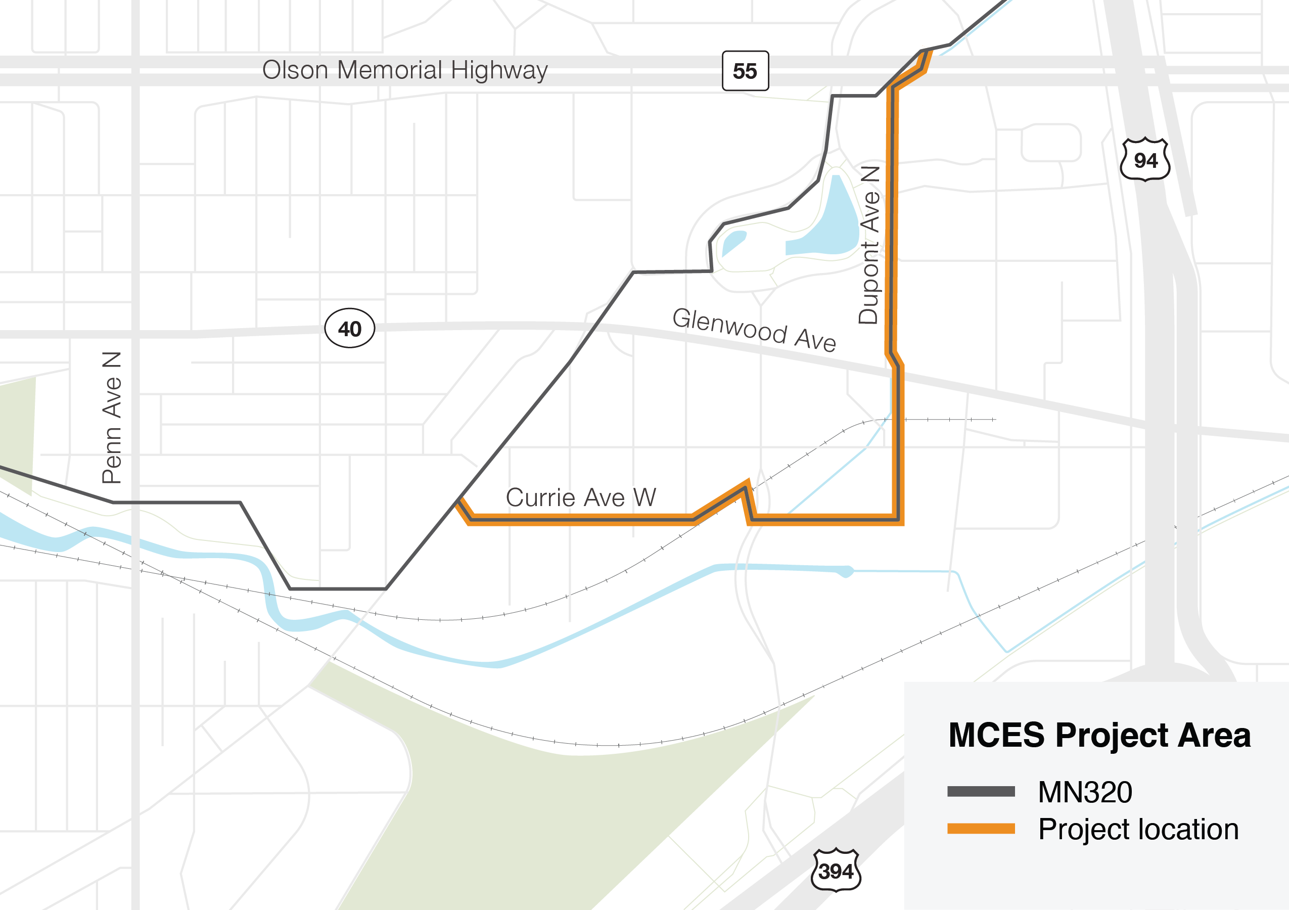 Map of area southwest of Highway 55 and I-94.  Currie Avenue West and Dupont Avenue North are highlighted as the project location; they intersect south of Glenwood Avenue.