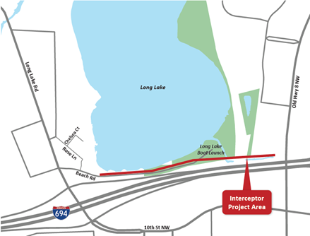 Long Lake Interceptor Rehabilitation project site map. Project area runs along Beach Road on the southern end of Long Lake between Old Highway 8 Northwest and Rose Lane.