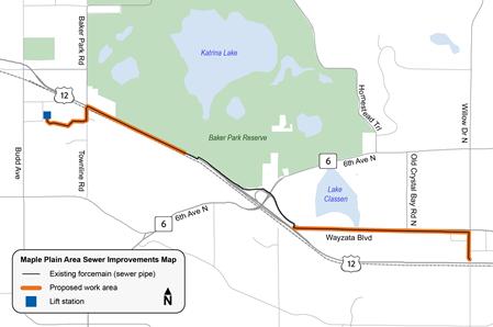 Maple Plain sewer improvements site map. The lift station is located just west of Town Line Road (Baker Park Road). Improvements are proposed for two portions of the force main; along the southern side of Highway 12 from the lift station to just south of Lake Katrina and along Wayzata Boulevard from the Highway 12 intersection to Willow Drive.