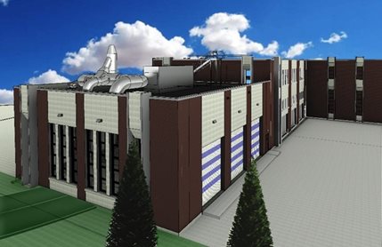 3D rendering of an industrial building from a corner angle, showing HVAC equipment on the roof and loading gate style doors on one side