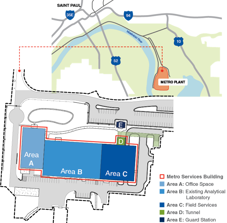 Map showing project location on the north side of the Metropolitan Wastewater Treatment Plant, adjacent to the existing Analytical Laboratory Building.