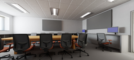 Rendering of a conference room with a large table in the center and a few workstations around the edges of the room