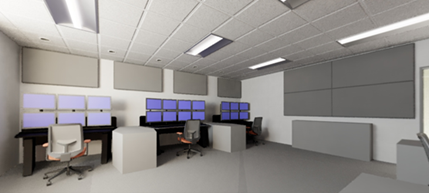 Rendering of a control room with three workstations, each with multiple computer screens