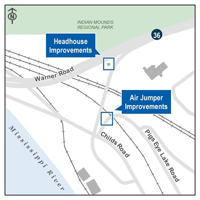 Location of two project work areas outside of the plant, near Warner Road and Childs Road in Saint Paul.  Features marked include headhouse improvements and air jumper improvements.
