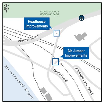 Location of two project work areas outside of the plant, near Warner Road and Childs Road in Saint Paul.  Features marked include headhouse improvements and air jumper improvements.