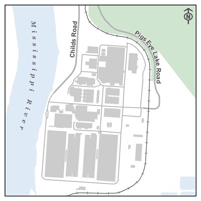 Project map of Metro Plant, where much of the project will take place.  Plant is near Childs Road and Pigs Eye Lake Road.