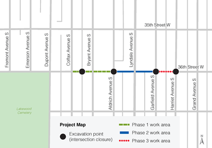 Map of the 36th Street Pipe Rehabilitation project, showing the phase one, two, and three work areas as well as the four excavation points.  From west to east, there is an excavation point between Colfax and Bryant, at Aldrich, at Garfield, and at Harriet Avenue South.  Phase 1 is from Colfax to Aldrich.  Phase 2 is from Aldrich to Garfield.  Phase 3 is from Garfield to Harriet.