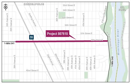 Map showing project area along 38th Street East in Minneapolis, from 26th Avenue South to just west of the Mississippi River.
