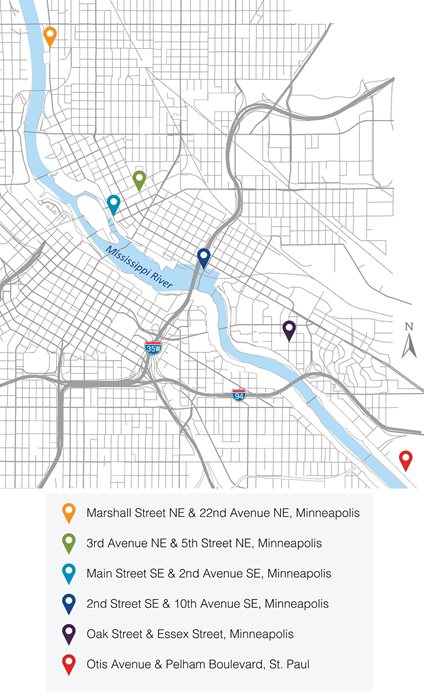 Map showing project locations for the MEI Rehabilitation Project in Minneapolis and Saint Paul. Project locations include: Marshall Street Northeast & 22nd Avenue Northeast, Minneapolis. 3rd Avenue Northeast & 5th Street Northeast, Minneapolis. Main Street Southeast & 2nd Avenue Southeast, Minneapolis. 2nd Street Southeast & 10th Avenue Southeast, Minneapolis. Oak Street & Essex Street, Minneapolis. Otis Avenue & Pelham Boulevard, Saint Paul.