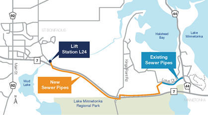 Project area map showing lift station location near the intersection of Highland Road and Highway 7 and the sewer line running adjacent to Highway 7 between the lift station and Lotus Drive.
