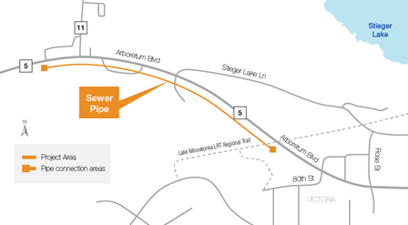 Victoria site map showing the sewer pipe running along the south side of Highway 5 from just west of County Road 11 to just east of the Lake Minnetonka Regional Trail.
