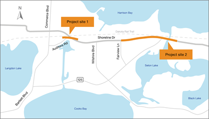 Project area map marked with two project sites along Shoreline Drive: one at the intersection of Auditors Road and one between Chateau Lane and West Arm Road.