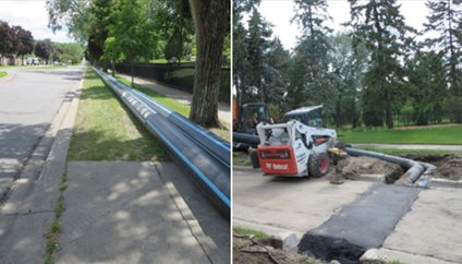 Two photos showing aboveground sewer pipes placed along a boulevard next to the roadway and temporary pipes buried below a sidewalk.