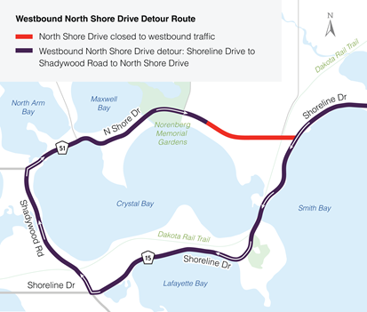 Map of the westbound North Shore Drive detour route. Take Shoreline Drive southwest to Shadywood Road. Then go north on Shadywood to North Shore Drive.