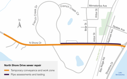 Map showing project location in Orono.  The temporary conveyance and work zone starts along North Shore Drive west of French Creek Drive and extend east from this point to Shoreline Drive.  Pipe assessments and testing extend from the eastern point where French Creek Drive meets North Shore Drive eastward to just before Shoreline Drive.