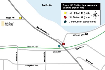Map of lift station locations; lift station 46 is near Togo Road and Shadywood Road.  lift station 49 is near Shadywood Road and Crystal Bay Road.  The construction staging area is across from L49 on the other side of Shadywood Road.
