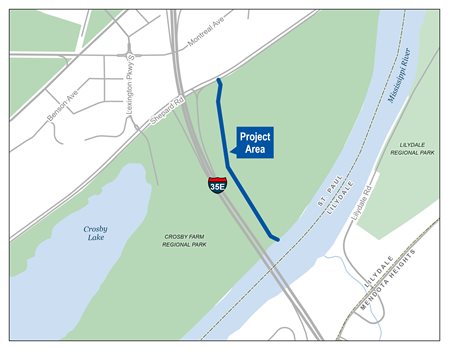 The sewer pipe is located in Crosby Farm Park near the service road that runs along the east side of I-35E, just south of Shepard Road in St. Paul. The service road is closed until the pipe has been repaired.