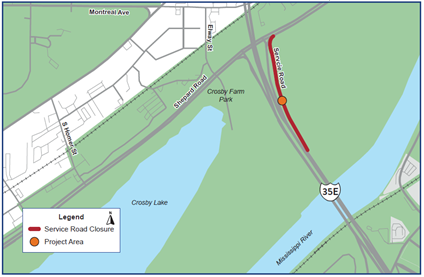 Map of Crosby Farm Park sewer repair project in Saint Paul, along I-35E Service Road northeast of Crosby Lake.