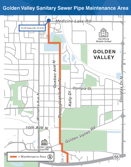 Golden Valley sanitary sewer pipe maintenance project site map. Maintenance will start at MCES Lift Station No. 41, located at Medicine Lake Road. Work continues south along Rhode Island Avenue North until it meets 23rd Avenue North. Work continues east to the start of Pennsylvania Avenue North and then south to Golden Valley Road. Work continues east to Luce Line Trail and then south to Country Club Drive. Finally, work continues along Glenwood Avenue and then south at Kelly Drive until ending at a maintenance hole structure on Kelly Drive just before Highway 55.
