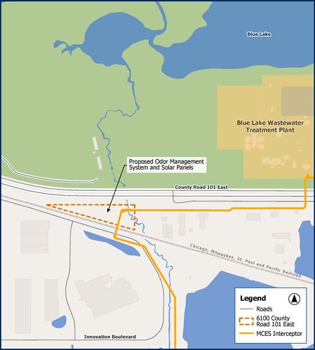 Map of proposed location of the Shakopee Odor Management System and Solar Panels (outlined in orange) at 6100 County Road 101 East. This map also shows the Blue Lake Wastewater Treatment Plant northeast of the site and the Metropolitan Council interceptor system route.