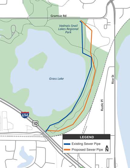 Grass Lake Sewer Relocation Area Map. The sanitary sewer runs north to south from Gramsie Road to Highway 694 along the east side of Grass lake. The new sewer pipe is proposed to be east of the existing alignment still within the Vadnais-Snail Lakes Regional Park.