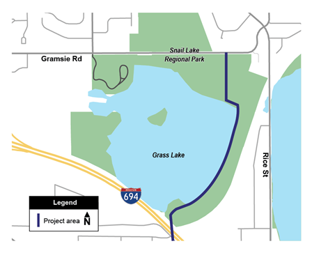 Map of grass lake sewer rehabilitation. Sewer is on the east side of grass lake west of Rice Street. The sewer runs north to south between interstate 694 and Gramsie Road.