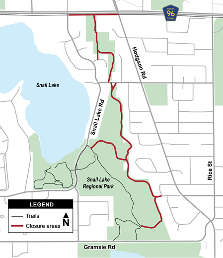 The segment of trail that runs north to south from Hwy 96 to near Gramsie Road will be closed. The trail segments from Gramsie Road to Snail Lake Road and near the park facilities will remain open.