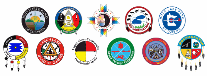 11 logos: Bois Forte Band of Chippewa, Fond du Lac Band of Lake Superior Chippewa, White Earth Nation, Red Lake Nation, Mille Lacs Band of Ojibwe, Lower Sioux Indian Community, Leech Lake Band of Ojibwe, Upper Sioux Community, Grand Portage Band of Ojibwe, Prairie Island Indian Community, Shakopee Mdewakanton Sioux Community.