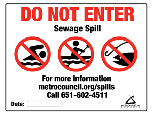 Sign that is posted at wastewater spills. Do not enter, sewage spill. Icons show no swimming, no boating, no fishing, with details about how to find the spill's details that are on this web page.